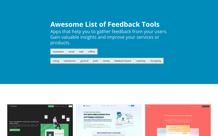 awesome list of feedback tools for ratins, reviews, feedback boards and more